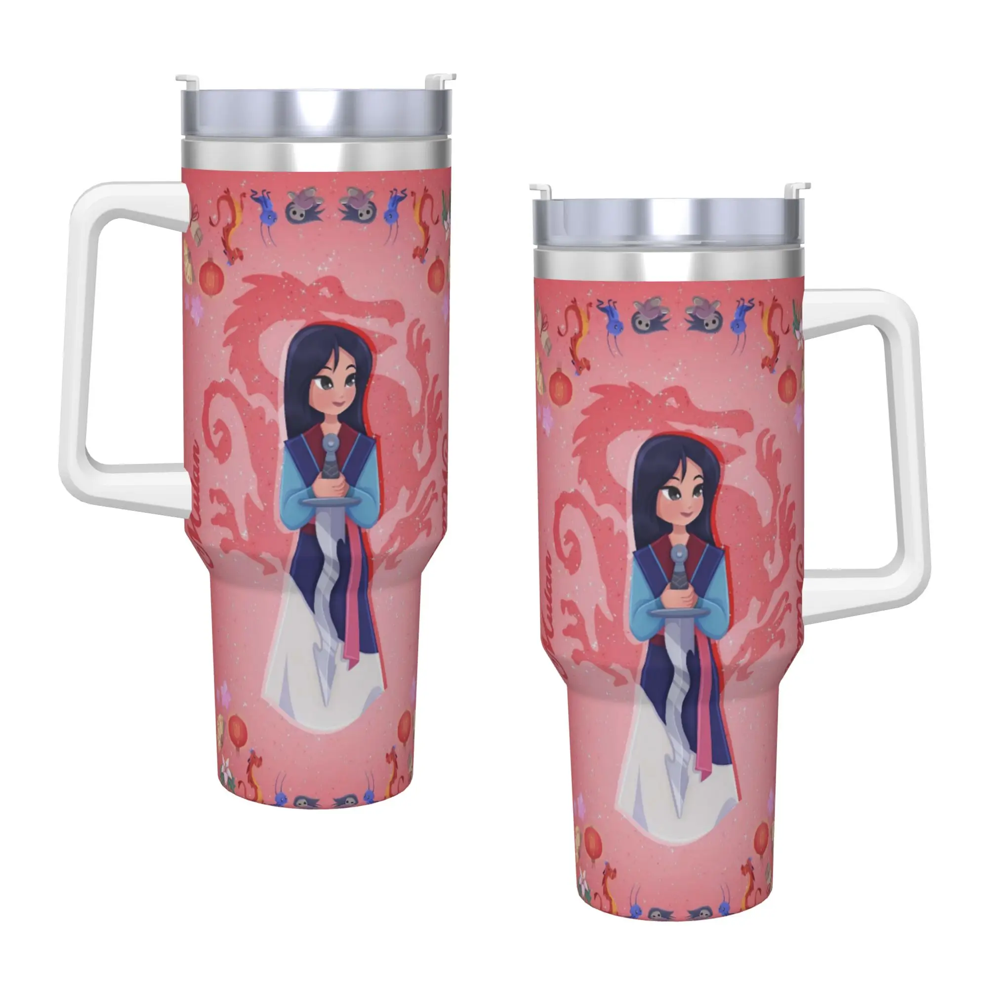 

Mulan Mushu Stainless Steel Tumbler Camping Thermal Cups With Straws and Lid 40oz Car Mugs Hot Drinks Water Bottle