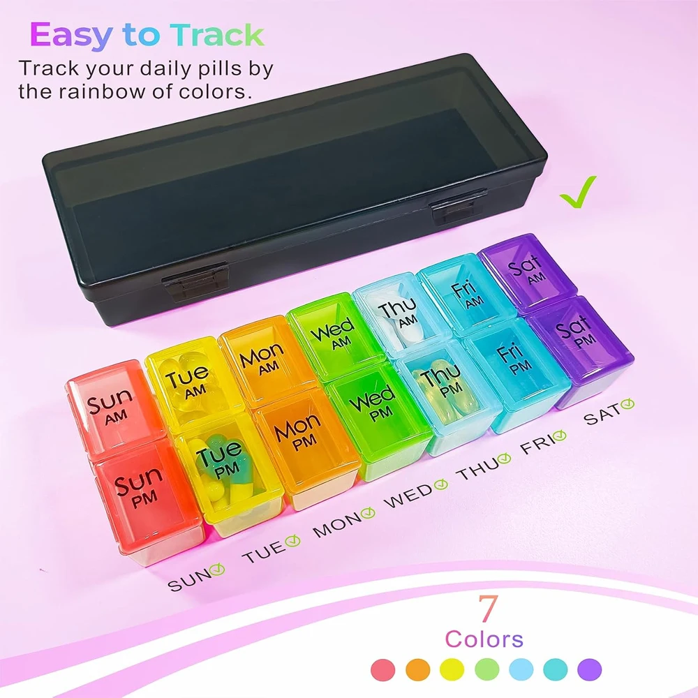 Weekly Tablet Sorting Box With 14 Separate Compartments, Am Pm Labeled Pill Holder, Portable Storage Case For Vitamins Capsules