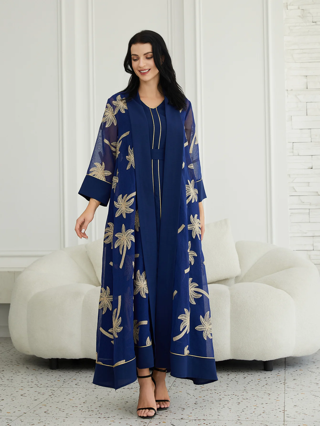 

Embroidered Abaya Long Sleeve Mesh Cardigan Abaya Two Piece Open Front Modest Abaya Dubai Style Elegant Cardigan Kaftan