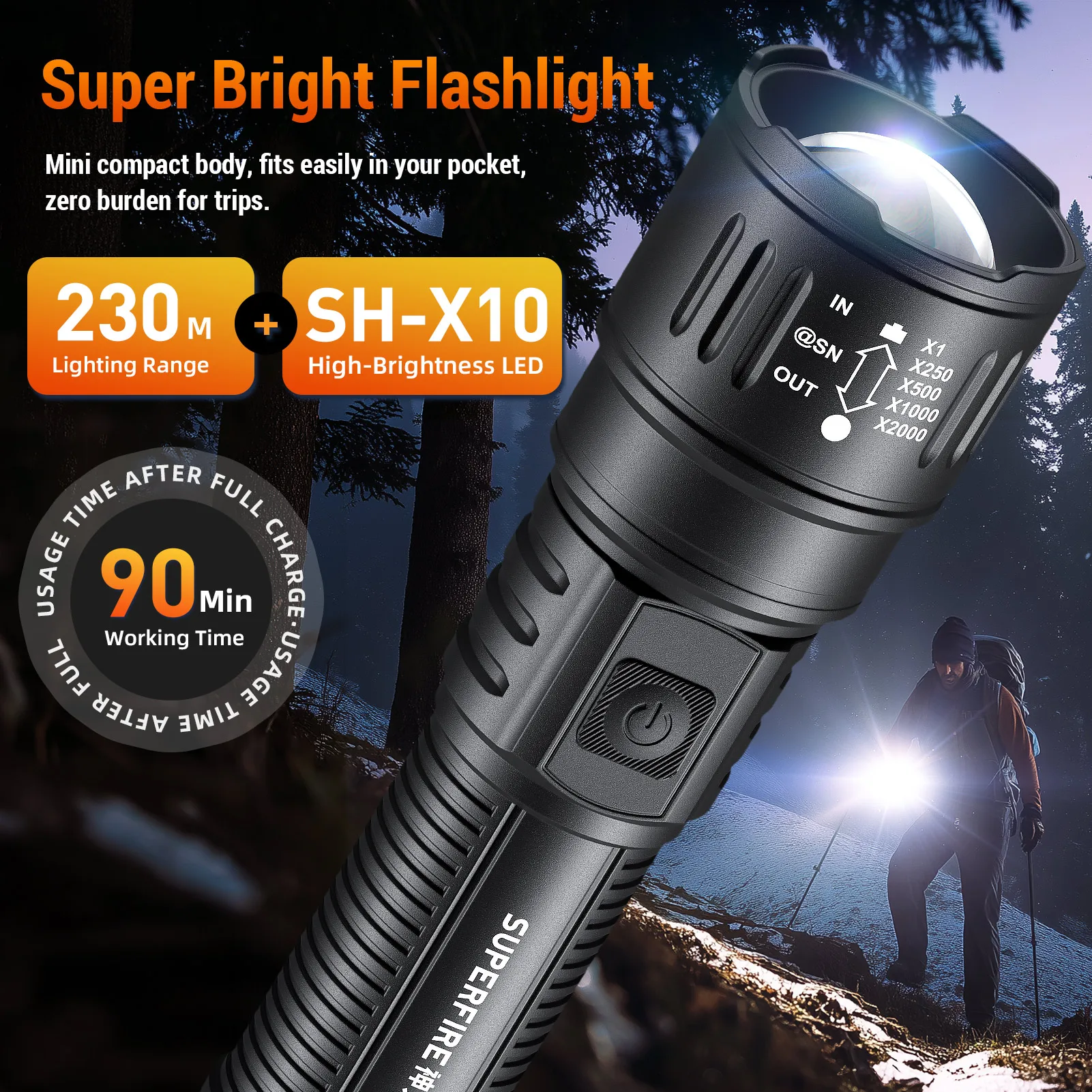 SUPERFIRE X1 LED 18650  Flashlight  USB-C Rechargeable Built in Ultra Bright Torch Camping Lantern 3W warrior flashlight