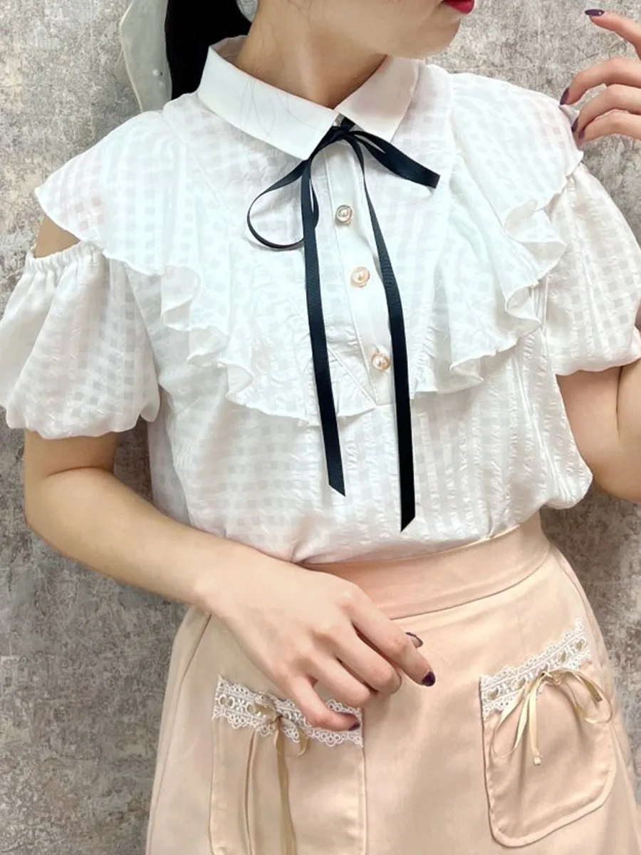 

Chic Polka Dot Print Blouse with Ruffle oulder Bows Ele Plaid Pattern ort Sve Women's Busin Casual irt