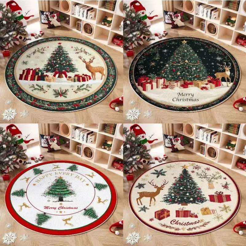 VIKAMA Christmas Tree Round Rug Reindeer Gift Pattern Non Slip Circular Carpet Merry Xmas Holiday Living Room Bedroom Floor Mat