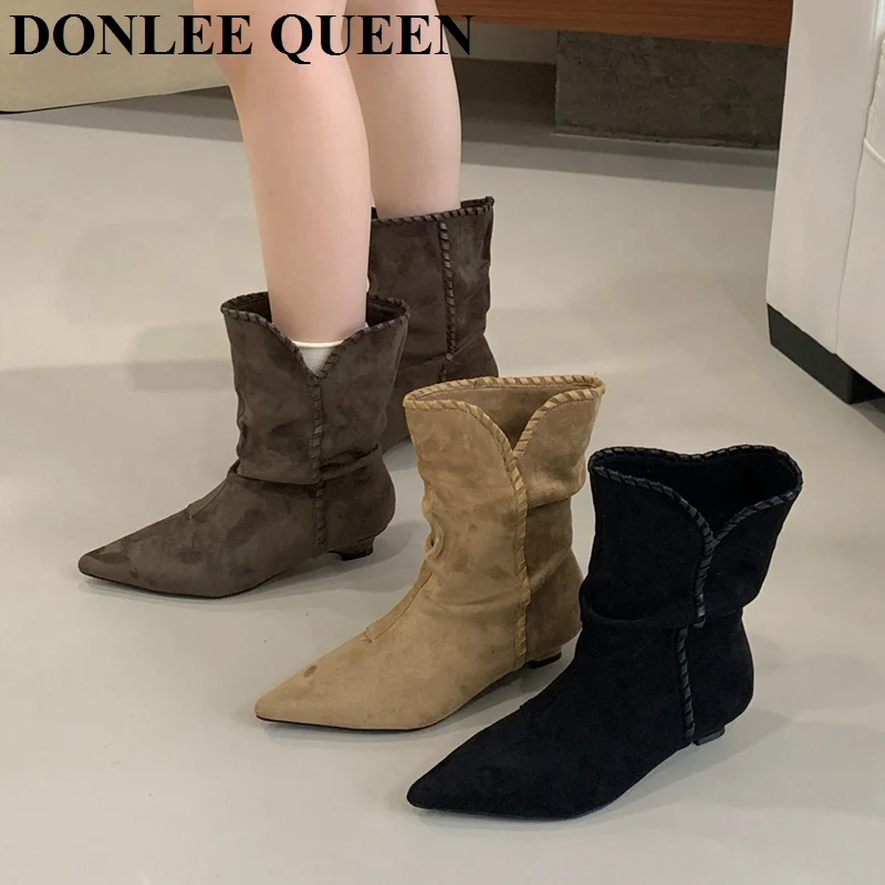 

2025 Autumn Suede Low Heels Women Boots Retro Fashion Western Cowboy Short Boot Female Pointed Toe Designer Women Shoes Footwear