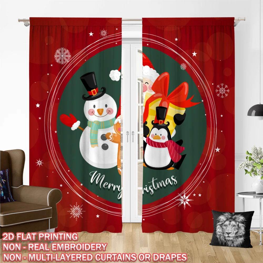 Christmas Flat Printing Curtain with Santa Claus Penguin Snowman Snowflake Gift Box For Christmas Home  Door Windows Decor Party