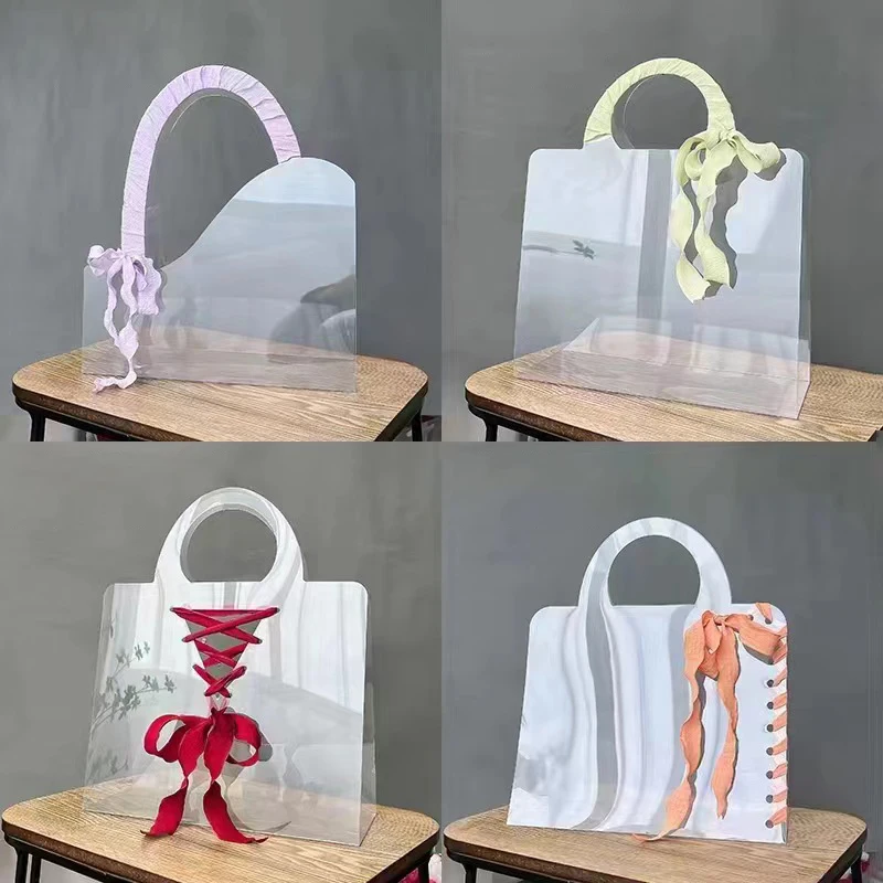 Transparent PET Tote Bag Chinese Valentine\'s Day Bouquet Transparent With Hand Gift Bag Simple Flowers Holiday Party Gift Bag