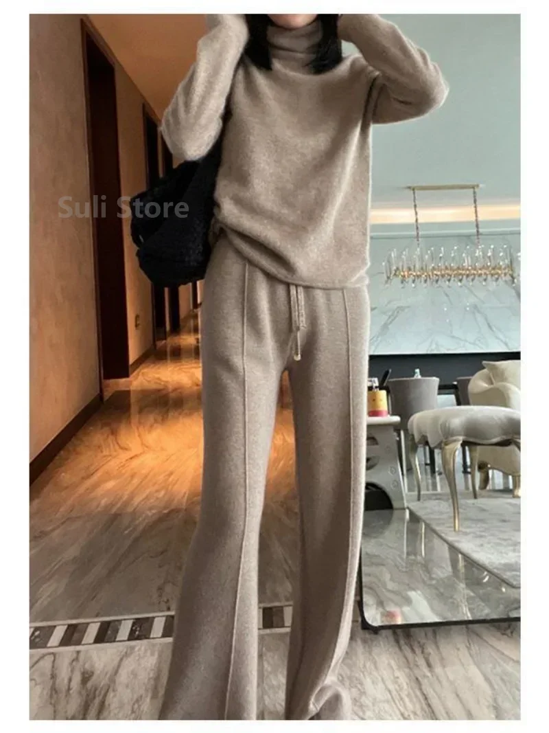 Women\'s Wool Wide-Leg Pants Fall/Winter High Waist Drooping Slimming Casual Loose Straight Knit Mop Trousers Outer Wear