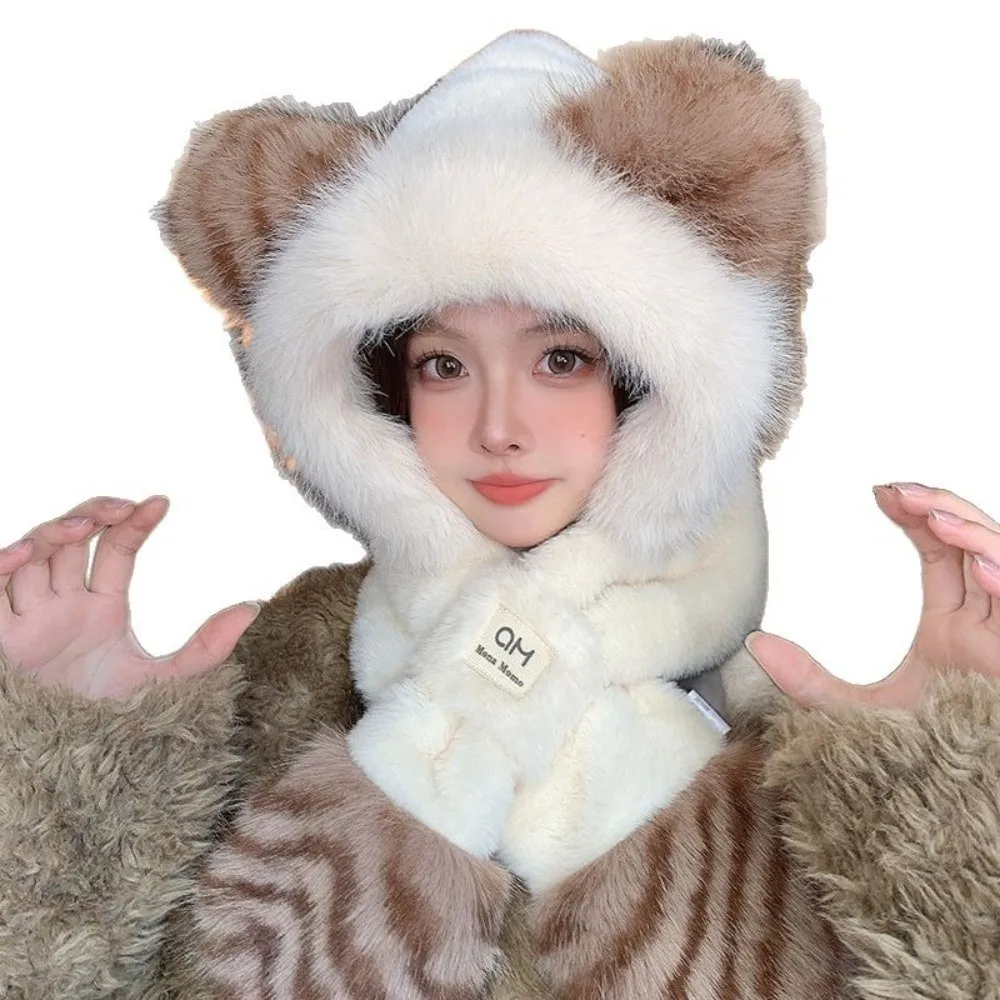 Cute 2-in-1 Leopard Print Hooded Scarf Ear Protection Thickened Ear Warmer Scarf Fluffy Soft Hat Scarf Set Autumn Winter