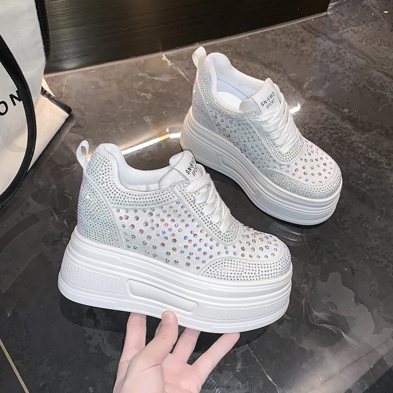 

10CM Wedge Heels Sneakers New Autumn Women Bling Crystal Skateboard Shoes Breathable Leather High Platform Vulcanize White Shoes