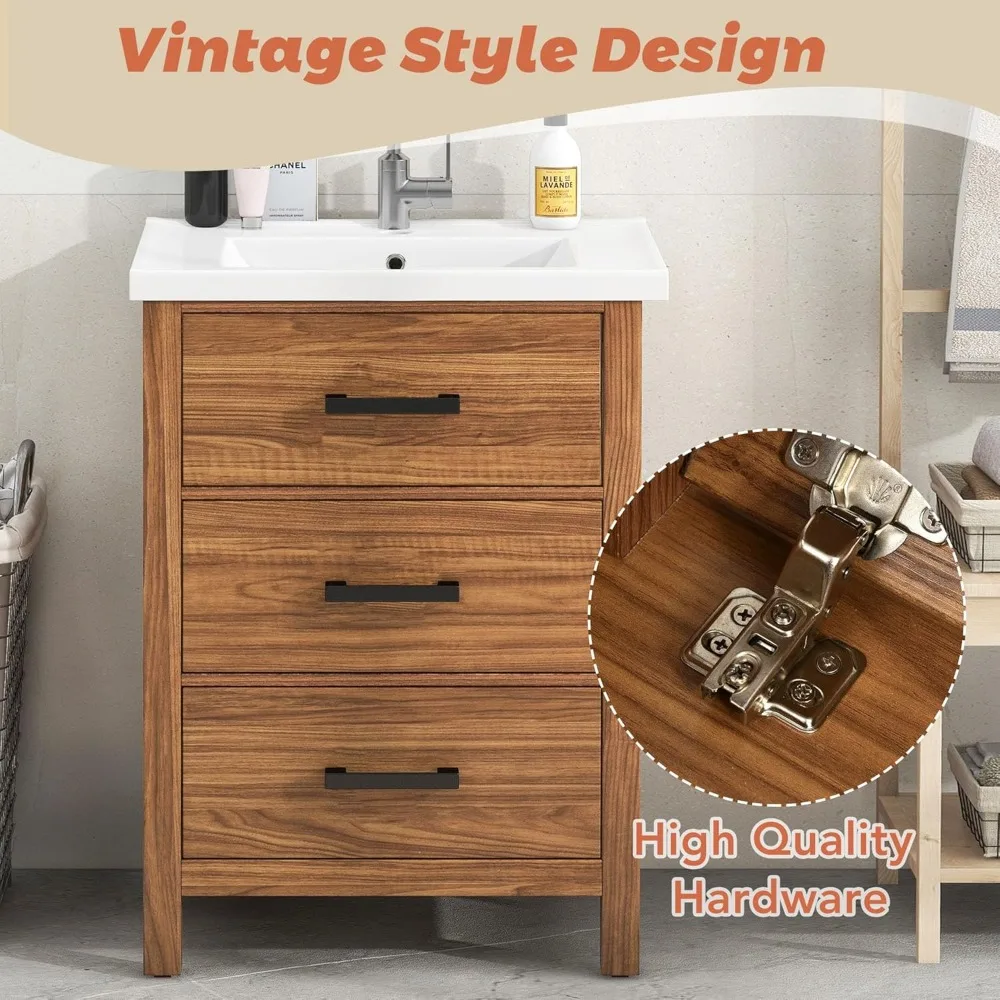 24" Bathroom Vanity with Sink,Bathroom Vanity with a Tip-Out Drawer and Two Pull- Out Drawers, Freestanding Single Sink , Wood