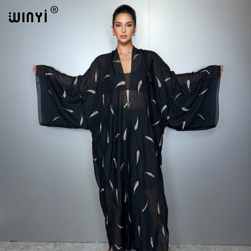 

WINYI kimono retro embroidery kaftans beach wear cover-ups Cardigan Holiday beach outfits for women kaftan abaya dubai luxury