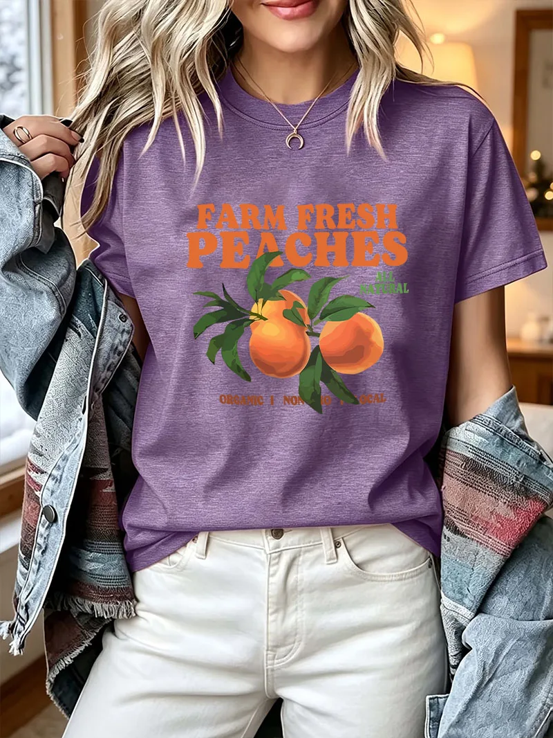 Y2K Elegant Fashion Women Farm Fresh Peaches Print T Shirt Vintage Graphic Tee Casual Crew Neck Short Sleeve Summer Daily Tops