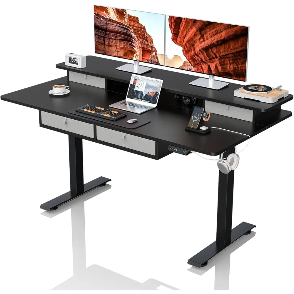 

Электрический стол с выдвижными ящиками и USB-портом для зарядки, расширенный настольный стол с регулируемой высотой 63 x 30 дюймов, компьютер