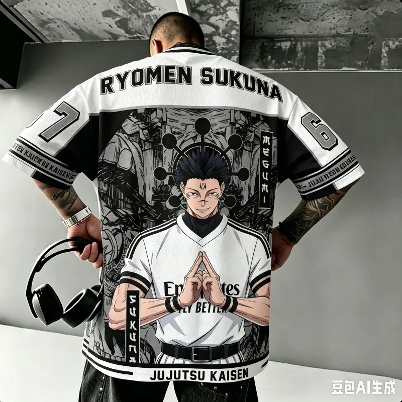 New Men Anime Jujutsu Kaisen Ryomen Sukuna 67 Number Full Back Manga Anime Print Oversized Short Sleeve Tee Fan Merch Shirts
