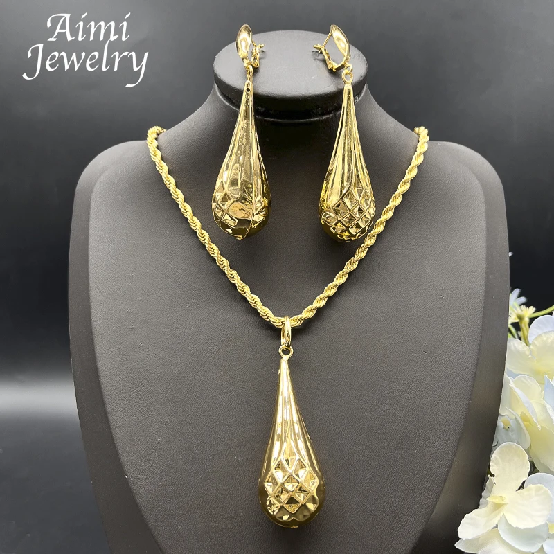 Dubai Fashion Gold Color Jewelry Set for Women Water Drop Pendant and Earrings Choker Necklace Italian Wedding Party Accessory