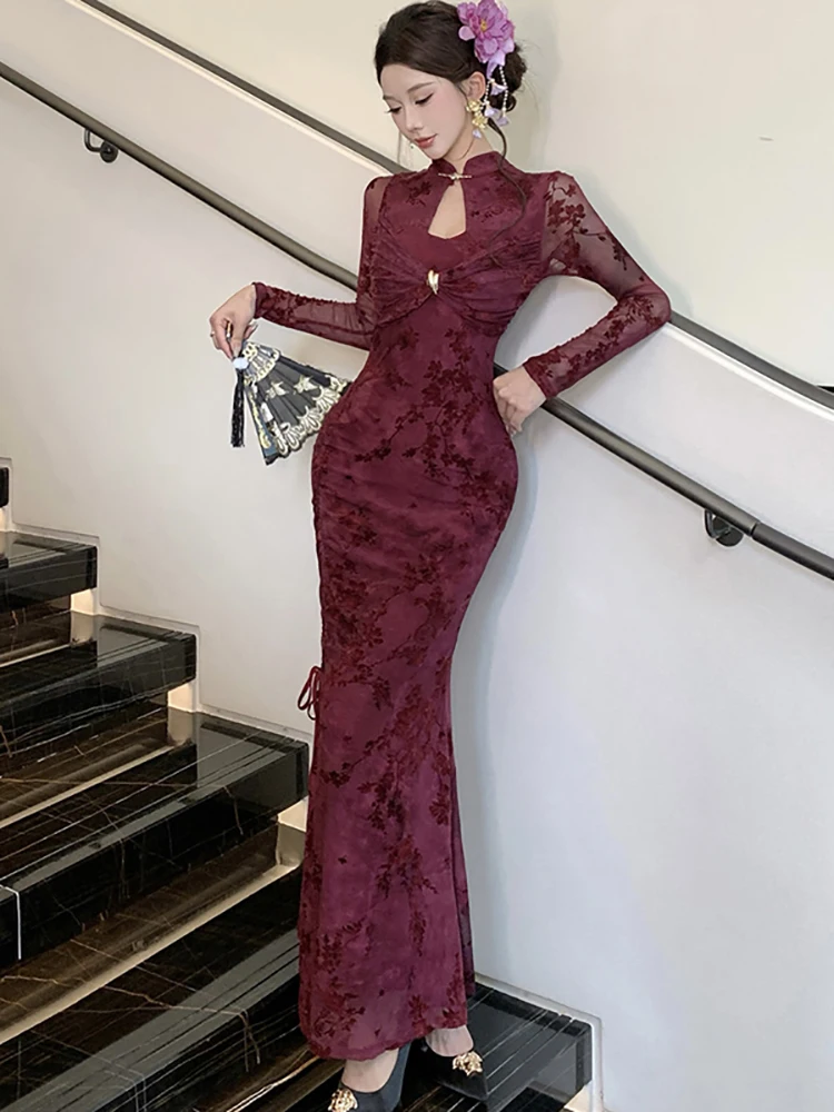 2025 purpld floral manga longa gola vestido longo feminino elegante chique arco fenda vestido outono inverno coreano bodycon vestido de baile