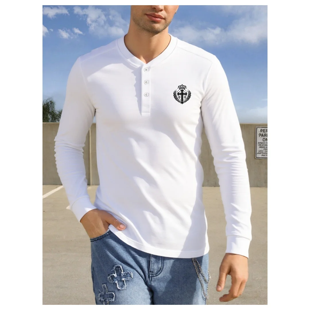 تي شيرت للرجال تاج طباعة الرجال تي شيرت مريح تمتد القمصان العصرية متعدد الألوان المحملة بأكمام طويلة زر هينلي قميص للرجال