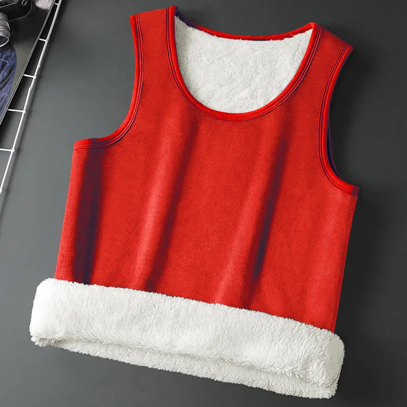 Warm Sherpa Fleece Vest for Man Plush Thickened Sleeveless Thermo Undershirt Tops Solid Slim Fit Warm Tops Christmas Red Vests