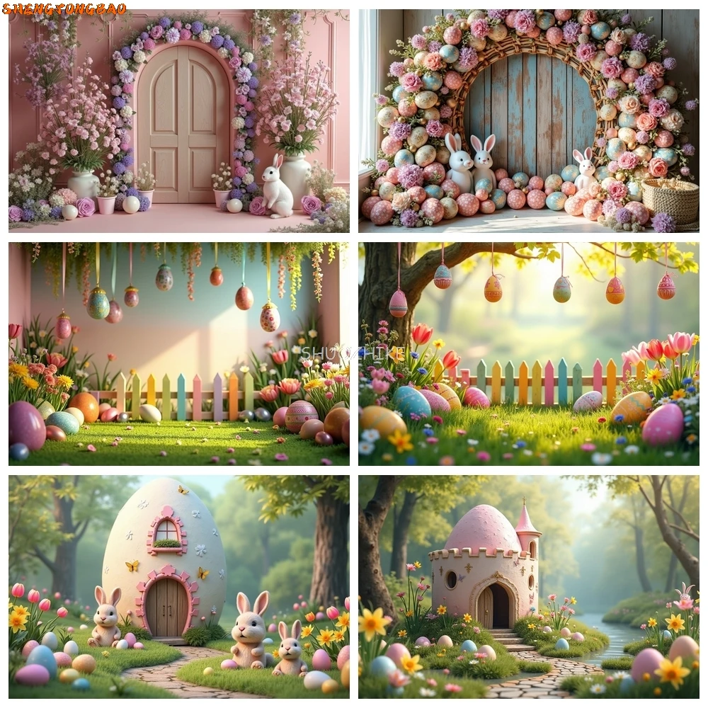 

Easter Photo Backdrop Bunny Rabbit Egg Spring Green Pink Garden Tulip Backgrounds Outdoor House Photography Decorations