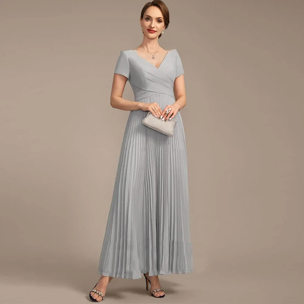 Elegant Mother of The Bride Dresses with 2024 A-line V-Neck Wedding Guest Dresses Pleated Ankle-Length Evening Gowns for Women