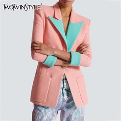 TWOTWINSTYLE Hit Color Blazer Casual per donna colletto dentellato tunica a tre quarti Patchwork Pocket Chic Blazer moda femminile