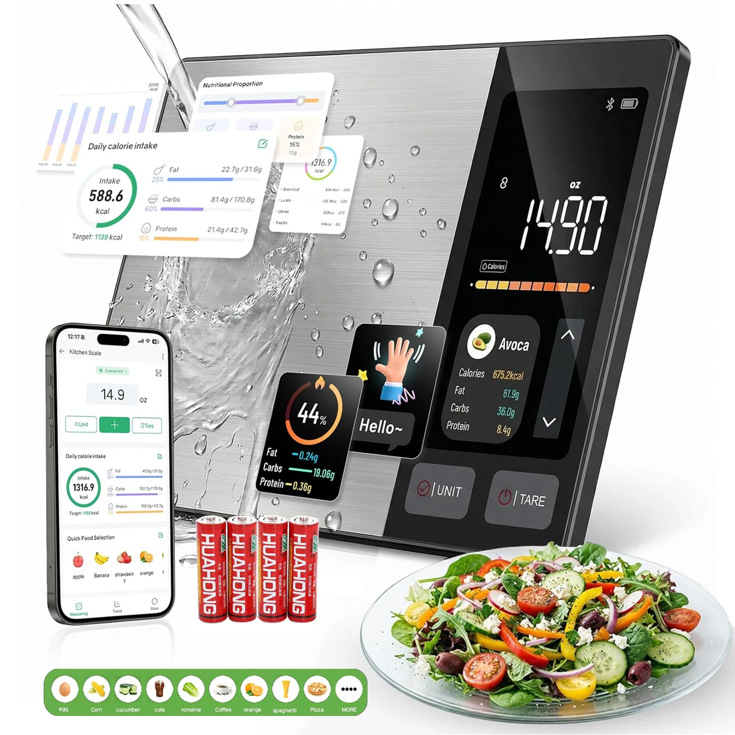 

Smart Kitchen Scale Stainless Steel Food Calorie Protein Fat Carbs Nutritional Calculator 11LB/5kg Weight for Healthy Cooking