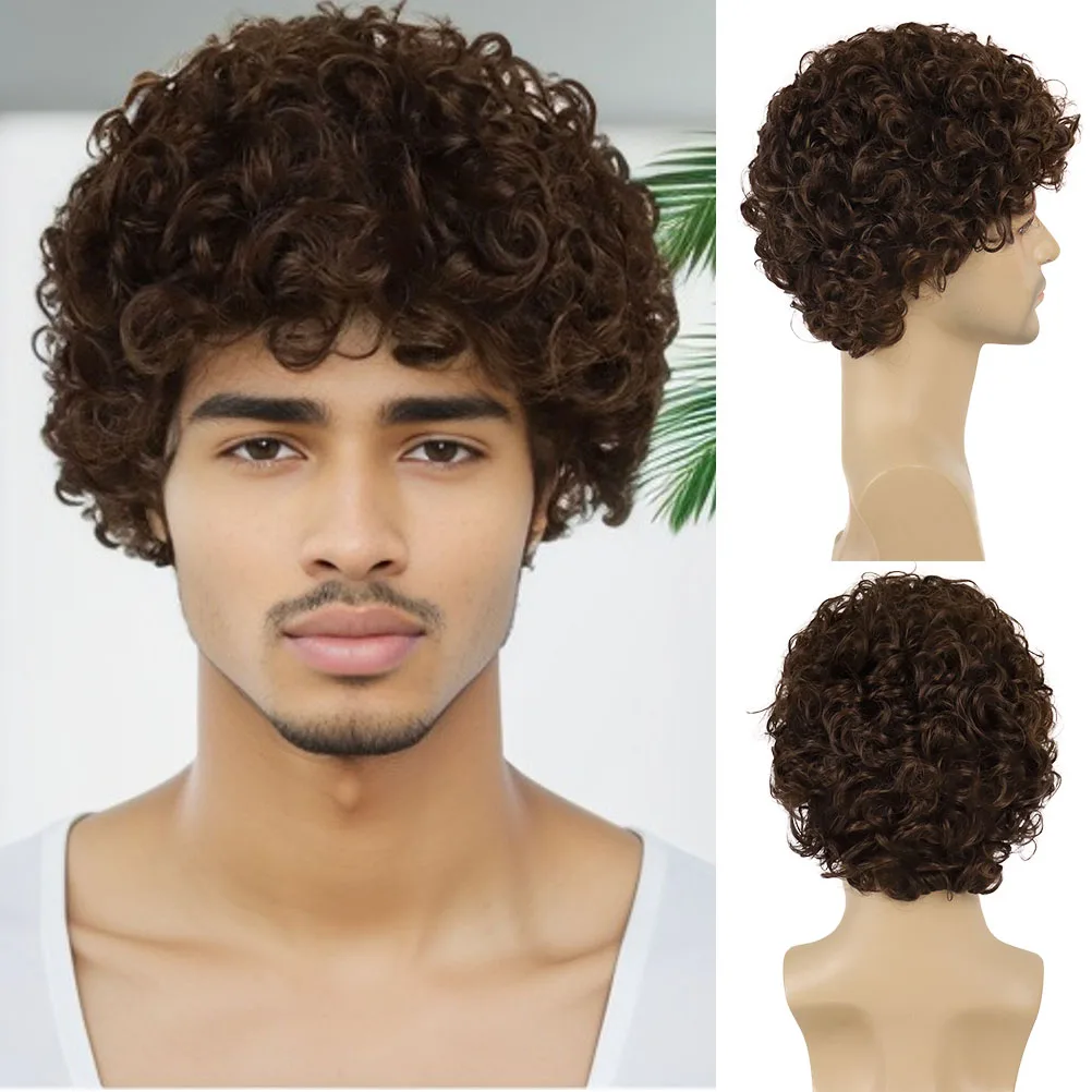 GNIMEGIL Synthetic Mixed Blonde Short Afro Kinky Curly Wig with Bangs African Hairstyle Wig for Men Elastic Curls Cosplay Party