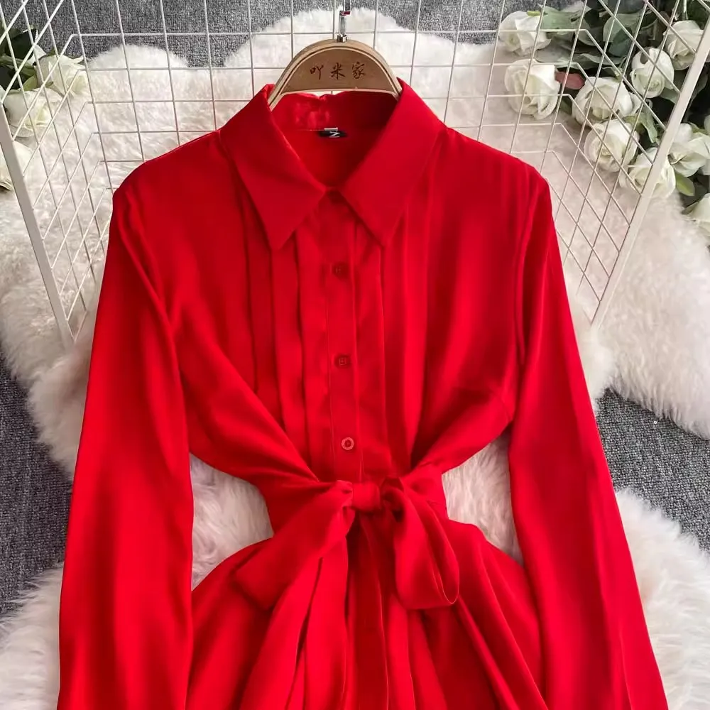 Design Fashion Women Lapel Shirt Dress 2024 New Elegant Autumn Single Breasted Lace Up Belt Chiffon Red Party Pleated Long Dress