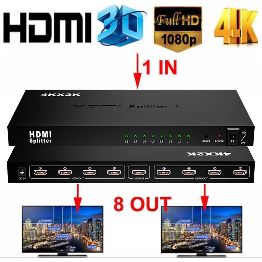 8 portowy Splitter kompatybilny z HDMI 1x8 4K 30Hz rozgałęźnik wideo 1 w 8 Out kompatybilny z HDMI wyświetlacz duplikat dla PC HDTV