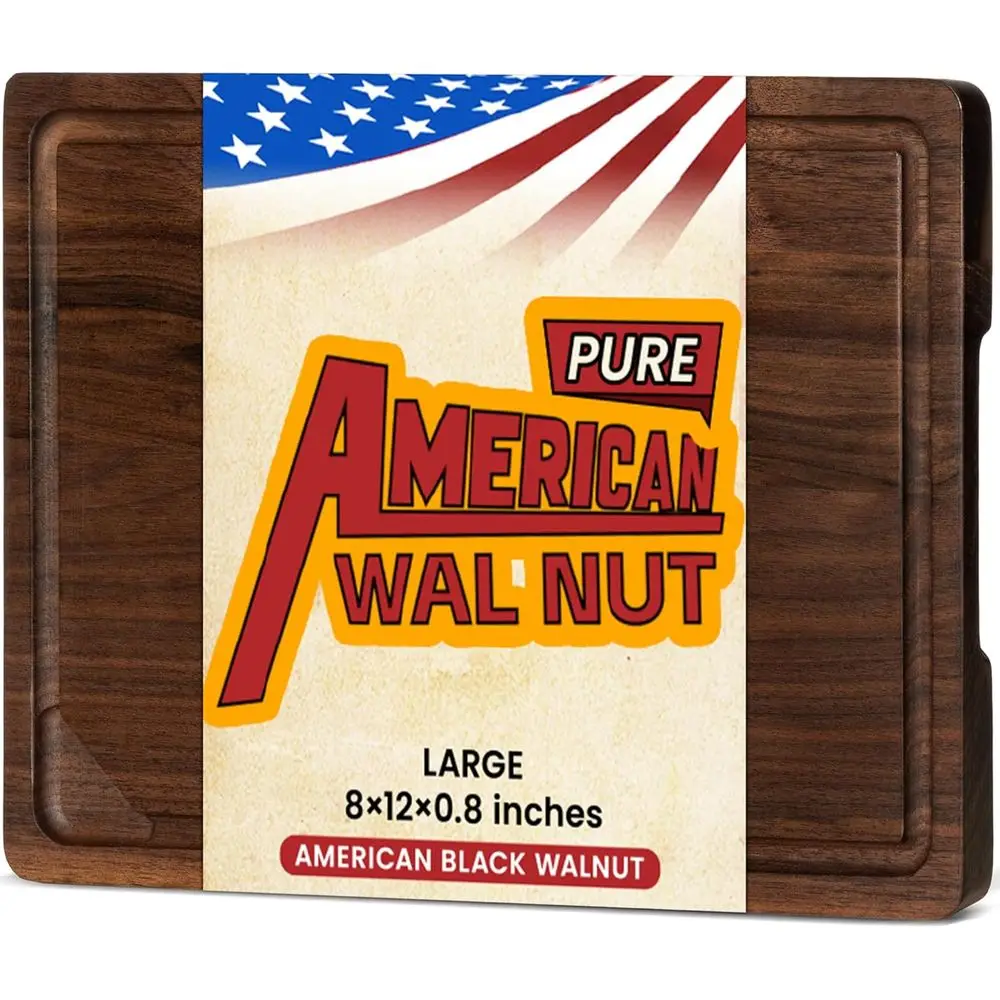 

Reversible Wooden Chopping Board with Deep Juice Grooves and Handles, Natural Walnut Wood Cutting Board for Cheese, Vegetables (