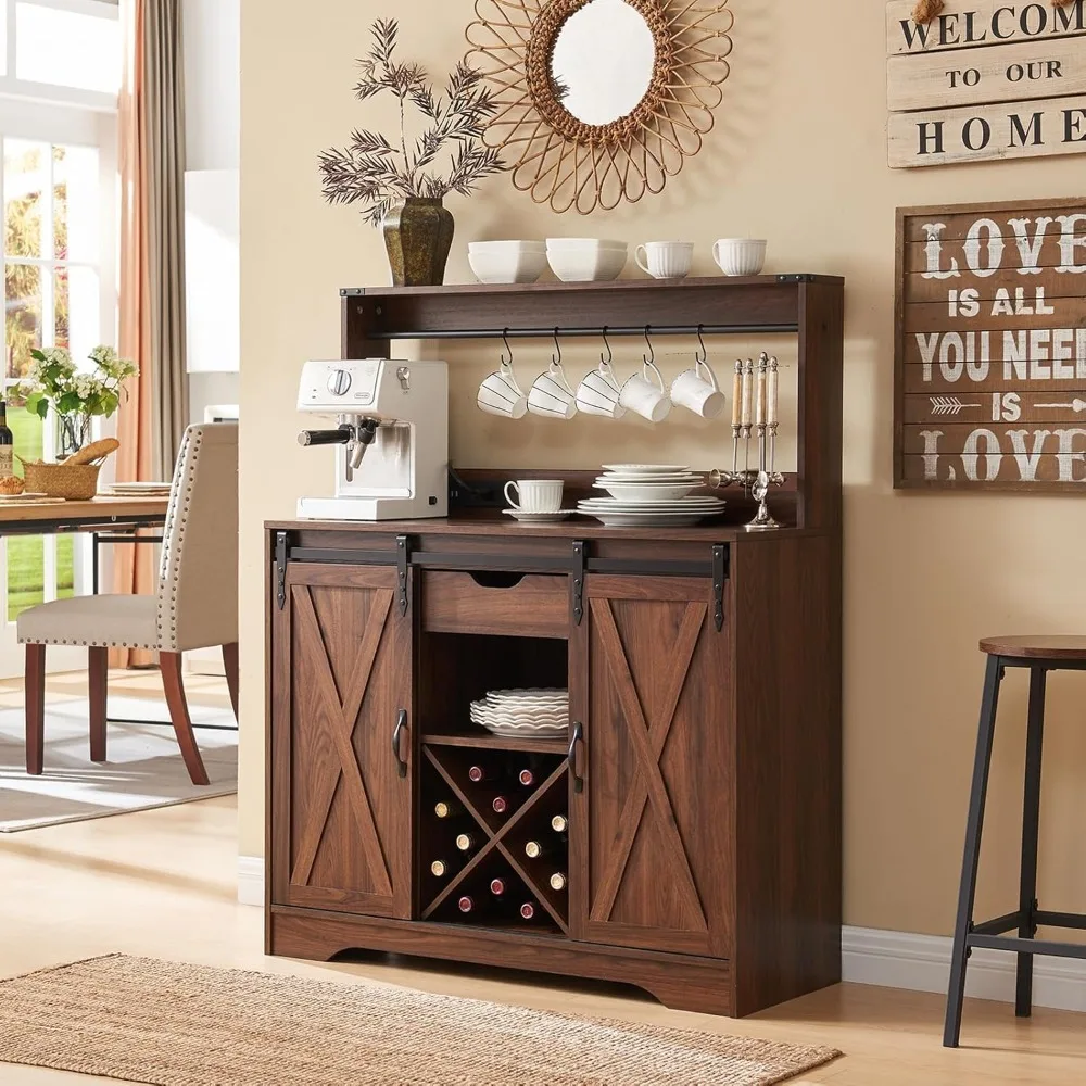 

Farmhouse Coffee Bar Cabinet with Charging Station and USB Ports,Sliding Barn Door,Kitchen Hutch Sideboard Buffet