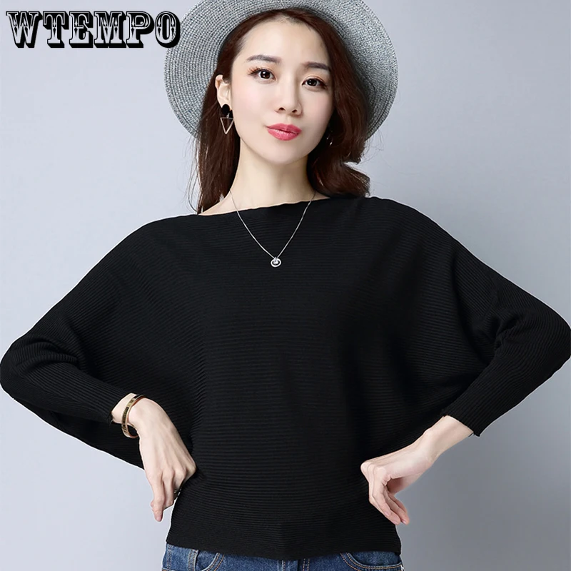 Knitted Sweaters for Women Batwing Sleeve Slash Neck Pullovers Sweater Spring Autumn Solid Knit Tops Female Sweaters Wholesale