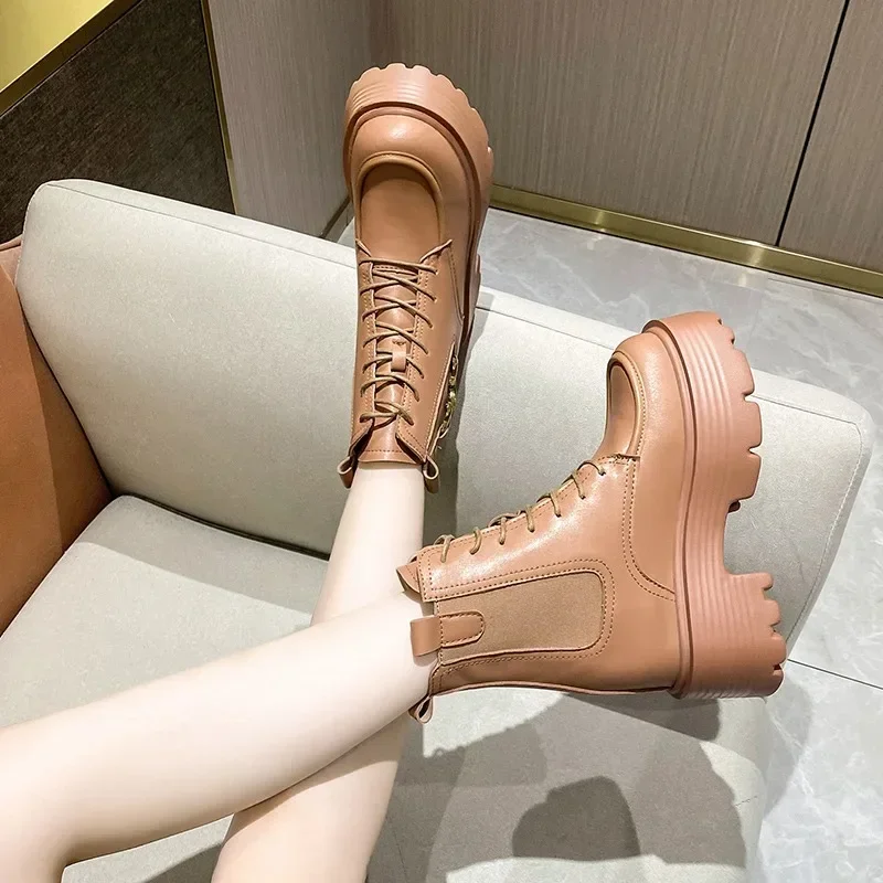 Sepatu bot kulit wanita, sepatu bot Ankle gaya Inggris musim gugur 9CM untuk perempuan