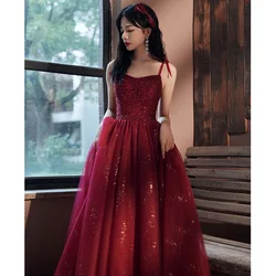 Burgundy Spaghetti Strap Evening Dress BlingBling Classic Tulle Prom Gown  Elegant Lace Up Backless Long Cocktail Party Vestido