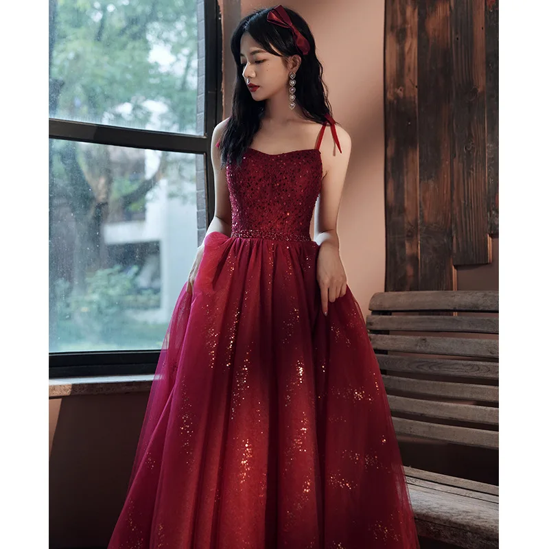 Burgundy Spaghetti Strap Evening Dress BlingBling Classic Tulle Prom Gown  Elegant Lace Up Backless Long Cocktail Party Vestido