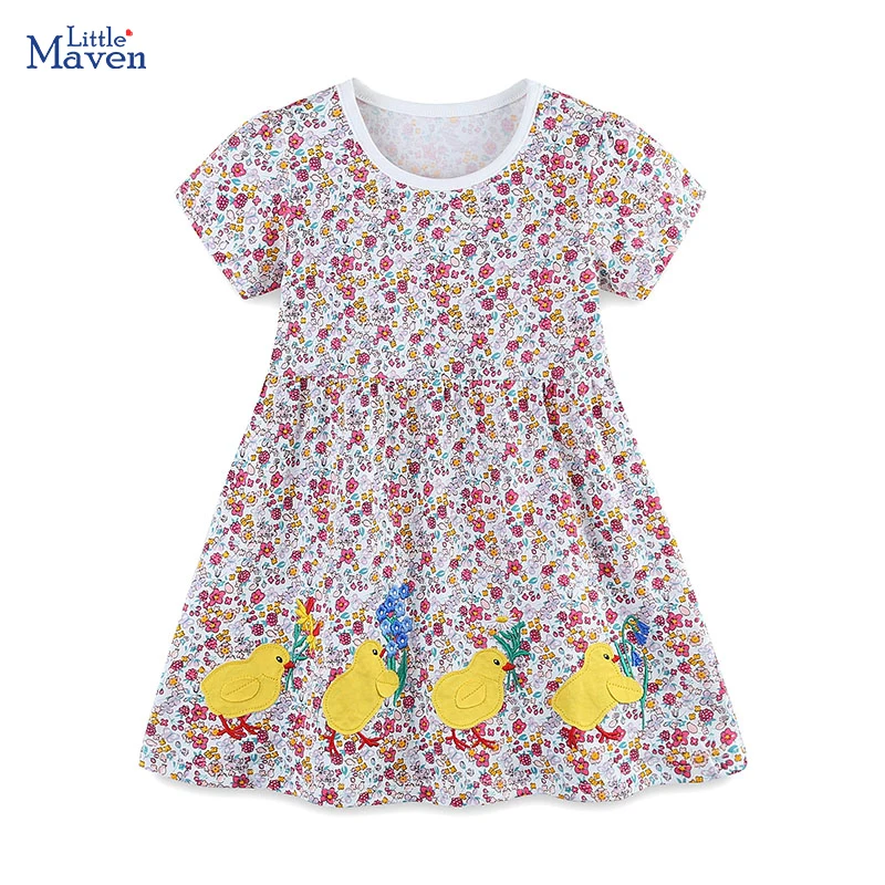 Little maven 2024 Summer Kids Clothes Dress Baby Girls Pretty Cartoon Embroidered Duck Flowers Vestidos for Children's Clothing