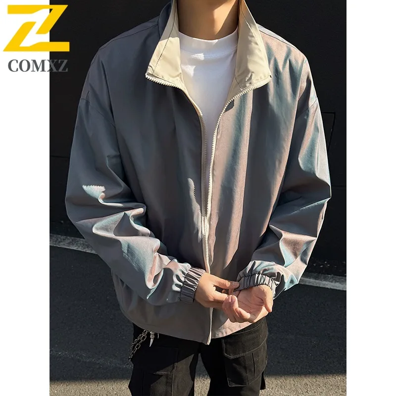 

COMXZ 2025 Spring Reversible Men Stand Collar Jacket Korean style Waterproof Windproof Light High Street Design Lightweight Coat