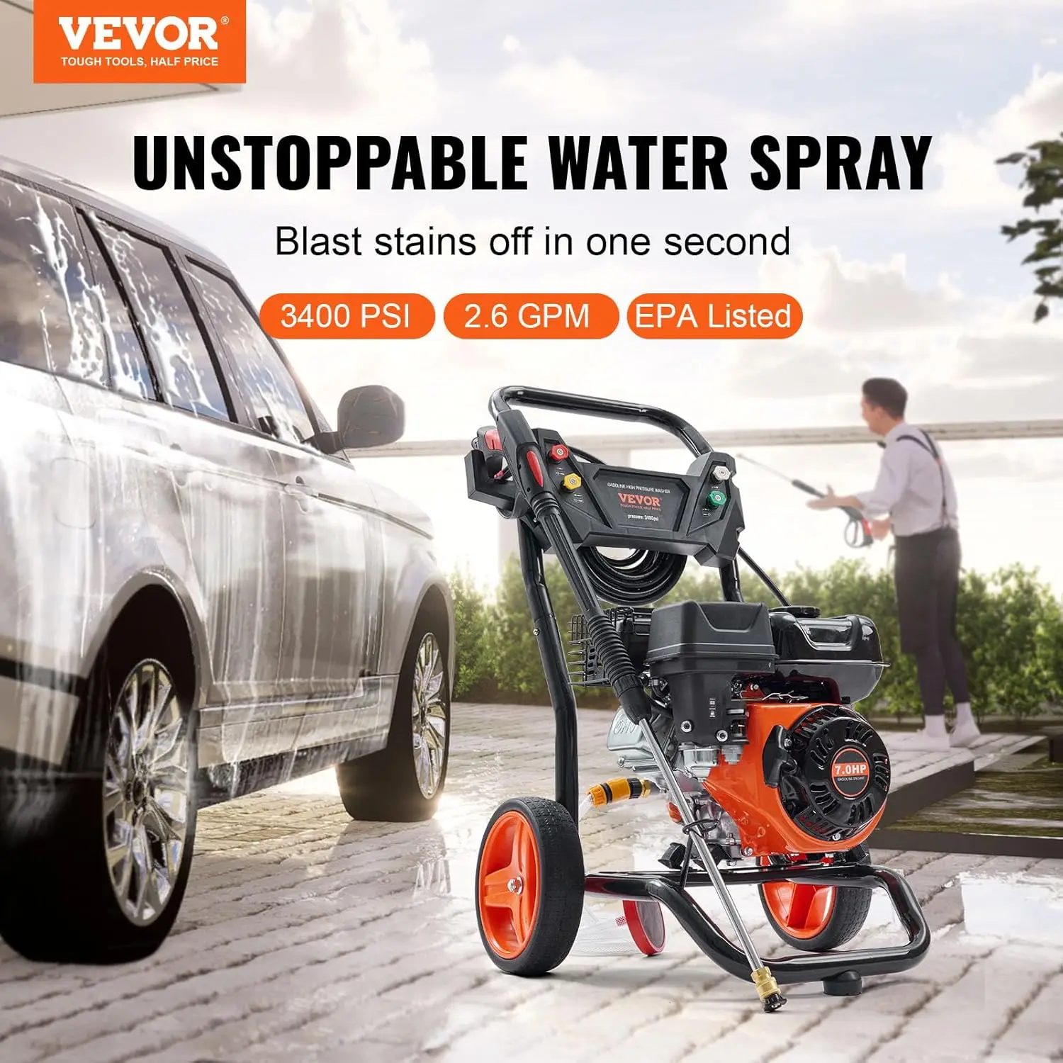 Powered Pressure Washer 3400 PSI 2.6 GPM, with Spray Gun and Extension Wand, 5 Quick Connect Nozzles, Copper Pump