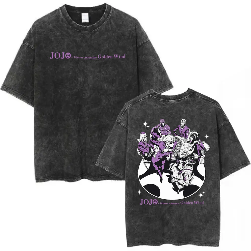Vintage Washed Anime JoJo Bizarre Adventure Golden Wind Grafik T-Shirts Herren Damen Mode Lässig Übergroßes T-Shirt Streetwear