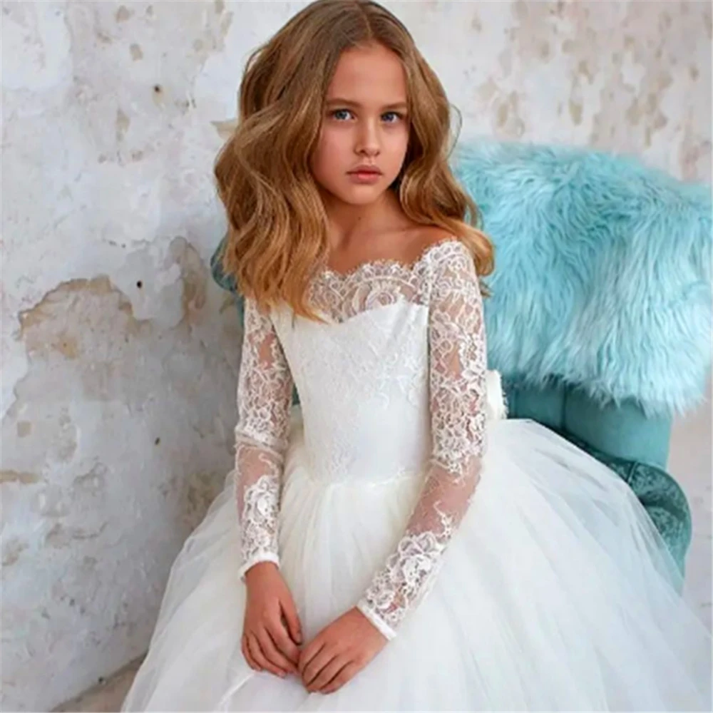 

Flower Girl Dress Princess Ball First Communion Dresses Elegant Long-sleeved Tulle Lace Printing Kids Surprise Birthday Present