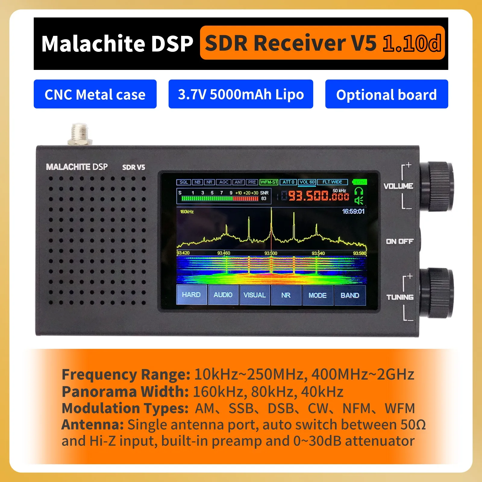 Receptor de Radio Malachite DSP SDR 1.10d V5 con placa opcional caja de Metal 5000mAh AM CW SSB NFM WFM Malahiteam