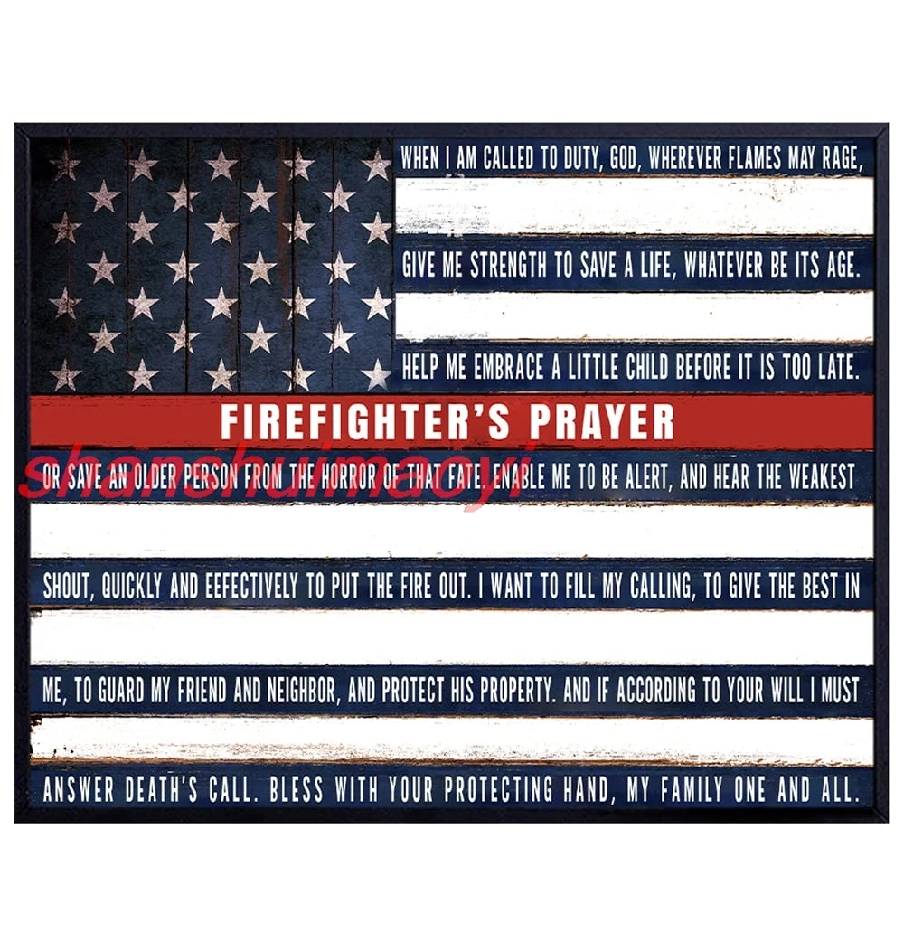 Firefighters Prayer Patriotic Flag Art Print - Rustic Vintage Wall Art Poster - Shabby Chic Home Decor for Man Cave, Office sign
