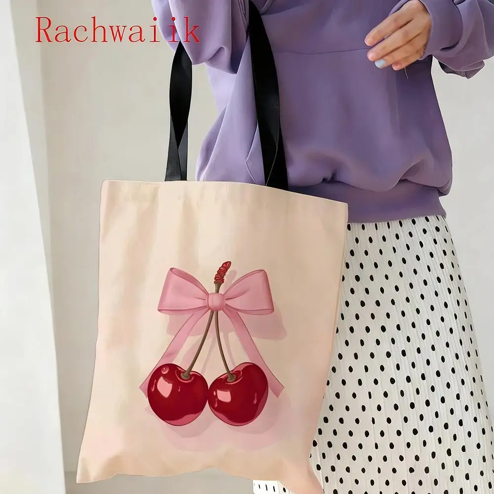 عيد الحب جديد عصري ريترو القلب الكرز تخزين أكياس خفيفة الوزن قماش الكتف المتسوق المألوف ايكو متعددة الاستخدام حمل مع La #3