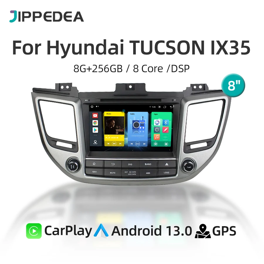 8G 256G CarPlay Android 13.0 Car Multimedia Player GPS Navigation 4G WiFi Bluetooth Car Radio For Hyundai TUCSON IX35 2015-2017