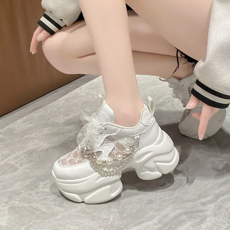 New 2023 Fashion Breathable Platform Sneakers Women\'s Summer 7CM Lace Mesh Outdoor Sports Dad Shoes Woman Zapatillas De Mujer