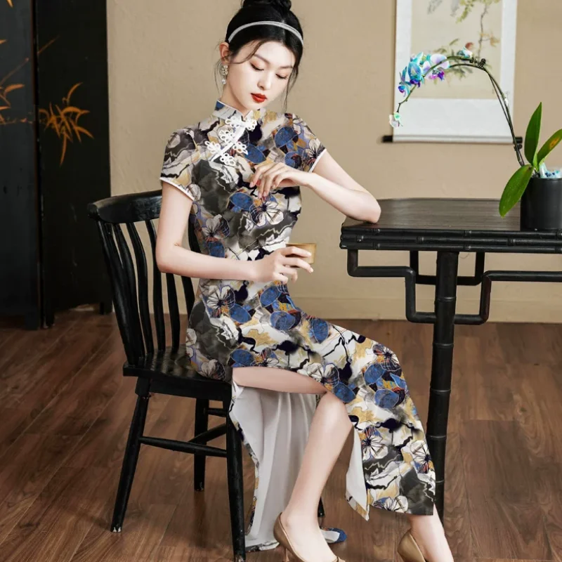 

Chinese Shanghai Fashion Show Cheongsam Women's Summer Retro Printed Long Skirt