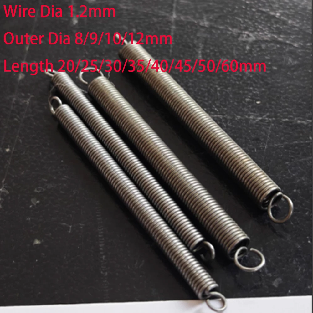 

5-50Pcs Wire Dia 1.2mm Spring Steel Single Hook Tension Spring Outer Dia 8/9/10/12mm Length 20/25/30/35/40/45/50/60mm