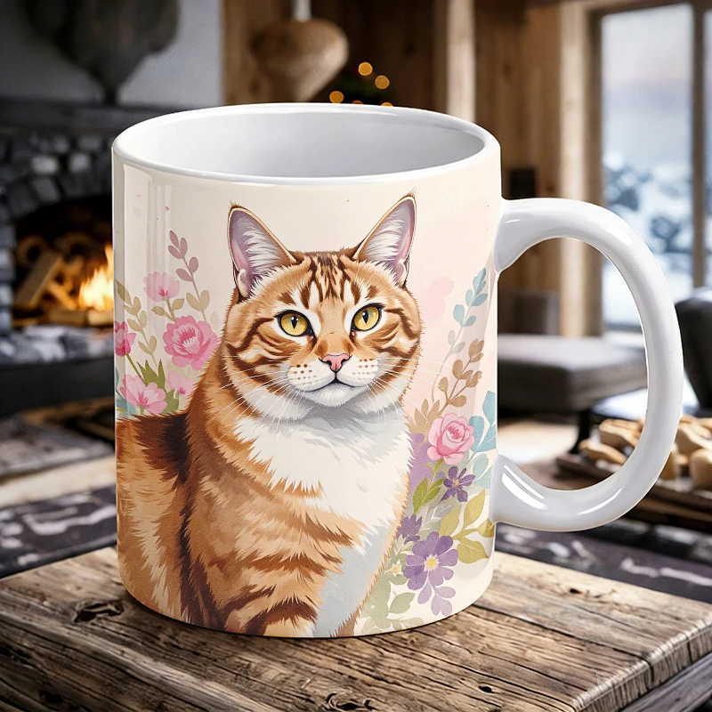 

Whiskered Charm A Majestic Tabby Cat Amidst a Pastel Floral Wonderland printed Mug Coffee Cup Ceramic Cup