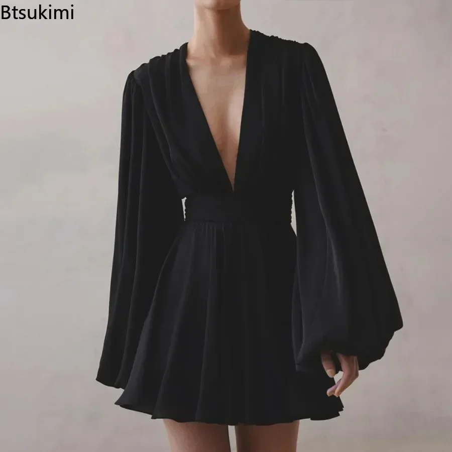 

2025 Women's Sexy Black White Single-Breasted Dress Elegant Long Sleeve V-Neck Party Dresses Lady Casual Slim Midi Dress Vestido