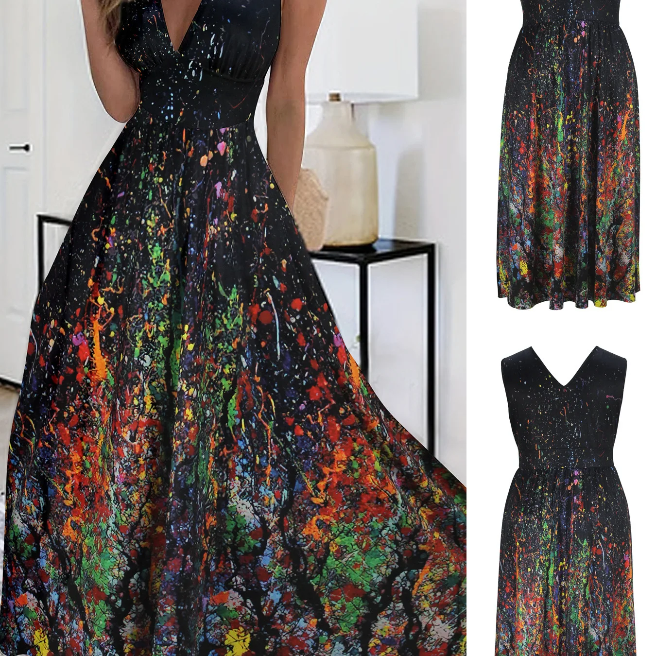 Vestido largo elegante sin mangas con cuello en V para mujer de talla grande, vestido informal de moda adecuado para sabores europeos y americanos