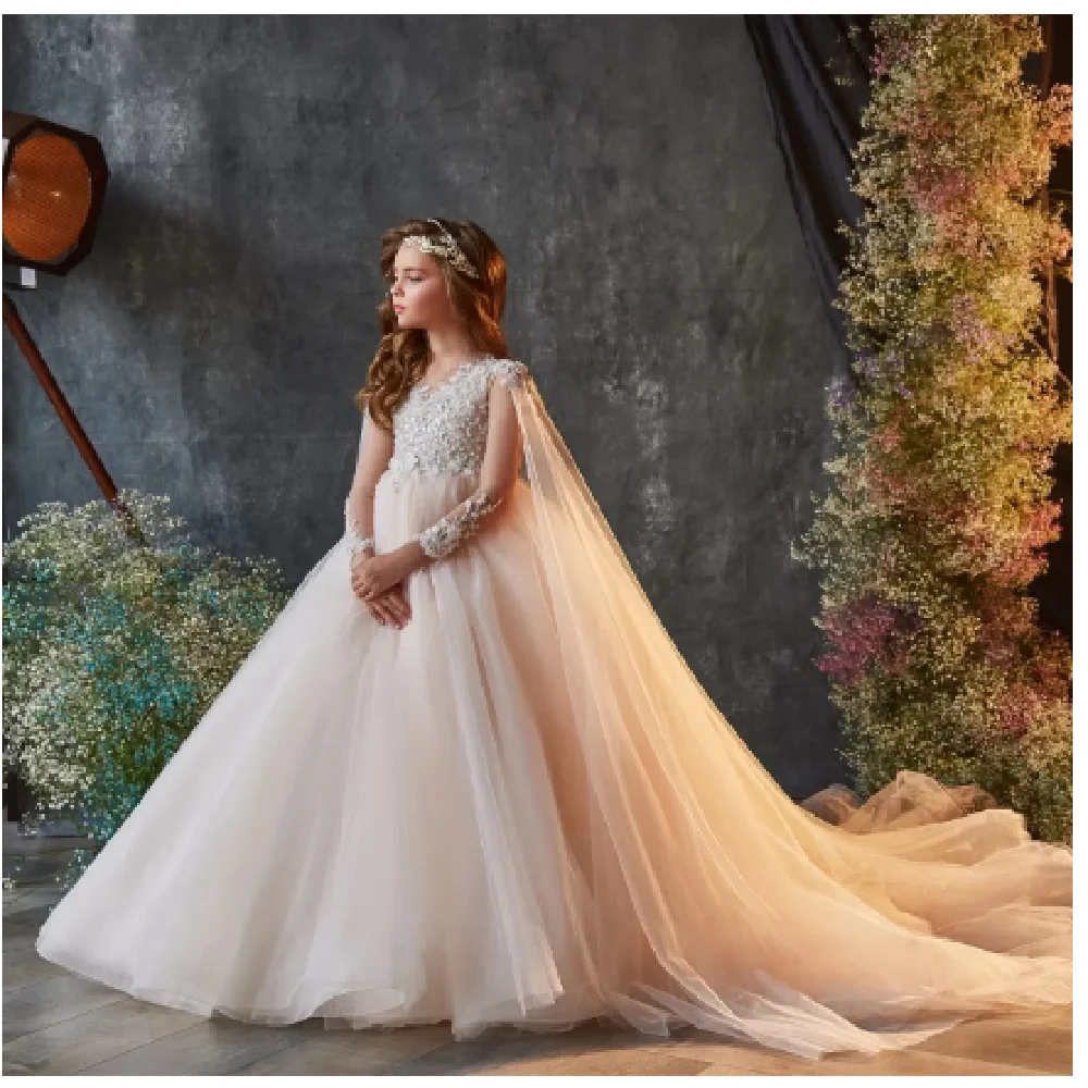 Robe de demoiselle d'honneur champagne moelleux en tulle, manches longues, col rond, cadeau de mariage de luxe, super anniversaire